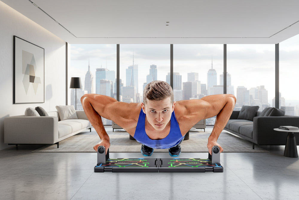 Man performing push-ups on a portable workout platform with a white background