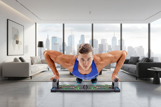 Man performing push-ups on a portable workout platform with a white background