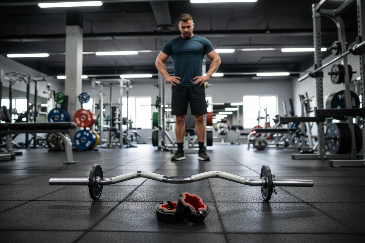 Metallic handlebar with two black grips on a gym background, man is contemplaiting wether to go for it or not.