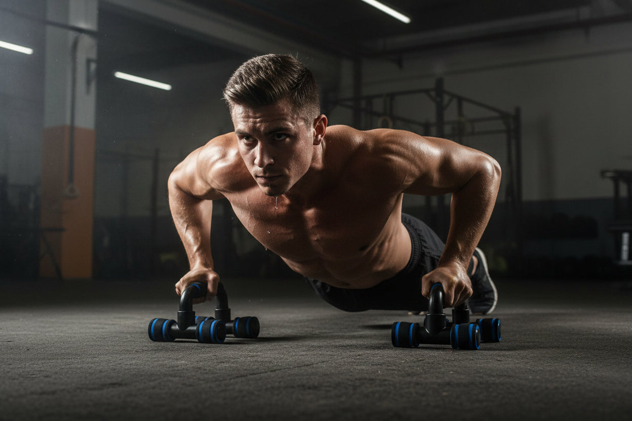 Black and blue push-up stand on a white background as man exerts every ounce of energy, "Like Our Followers"