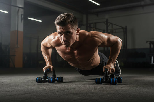 Black and blue push-up stand on a white background as man exerts every ounce of energy, "Like Our Followers"