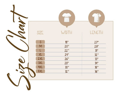 Size chart for shirts with dimensions in width and length.