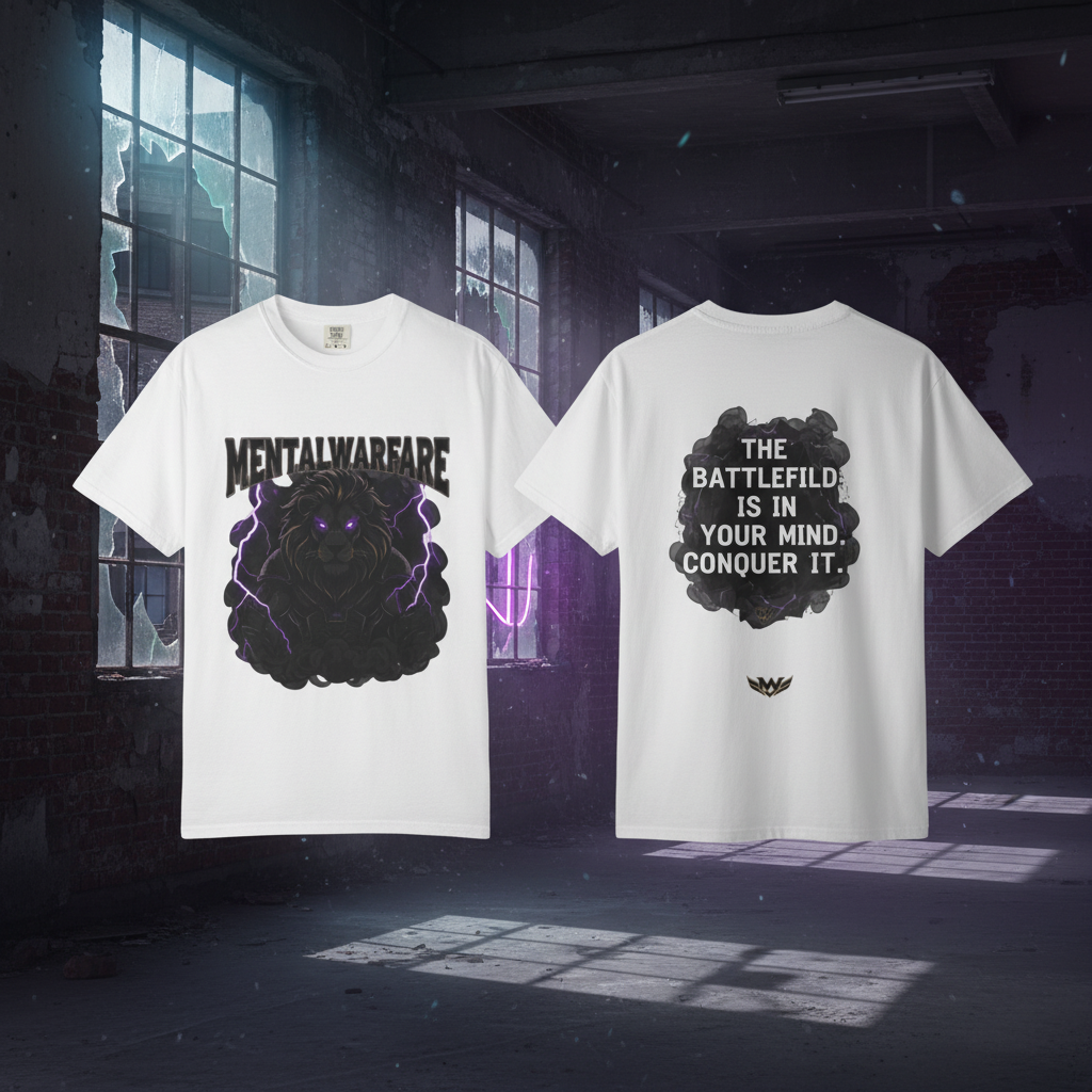 Mental Warfare T-Shirt — Lion Graphic with “The Battlefield Is In Your Mind. Conquer It.” Back