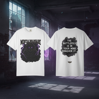 Mental Warfare T-Shirt — Lion Graphic with “The Battlefield Is In Your Mind. Conquer It.” Back