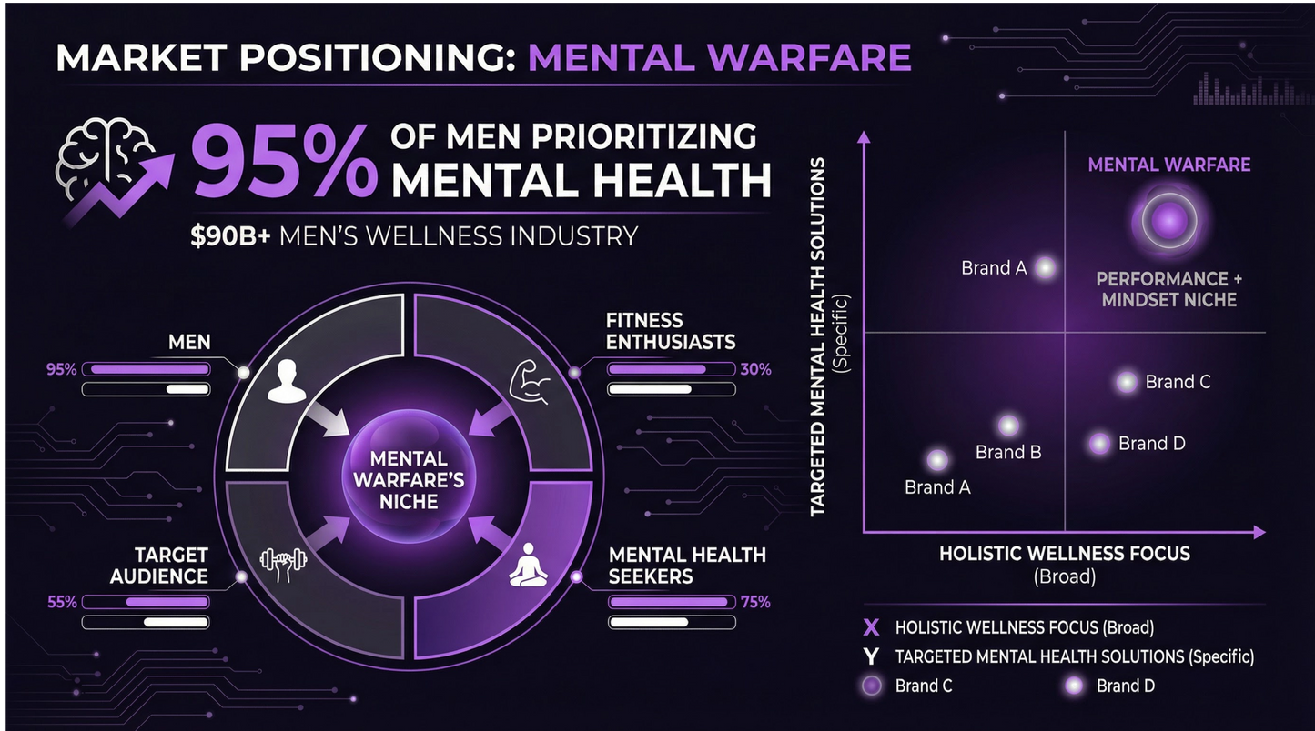 Infographic on mental health and wellness industry with market positioning for mental warfare.