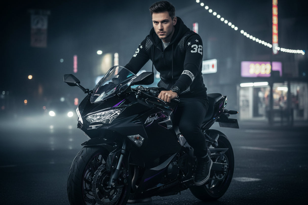 Black hoodie with quilted design on a well-lit night, perfect for a nice safe ride.