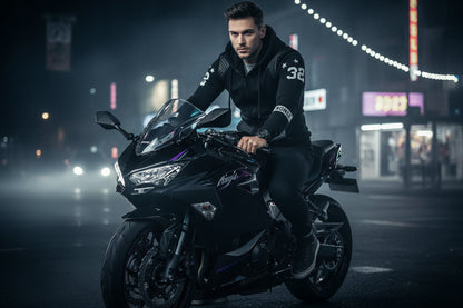 Black hoodie with quilted design on a well-lit night, perfect for a nice safe ride.