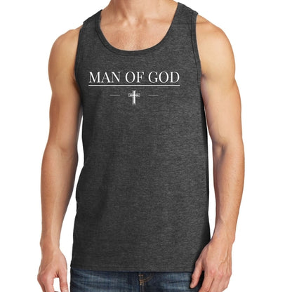 Dark gray tank top with 'Man of God' text and cross on a white background