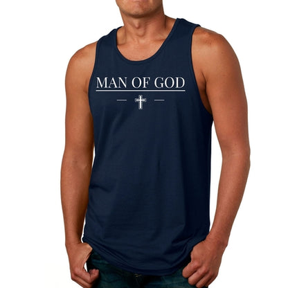 Navy tank top with 'Man of God' text and cross on a white background