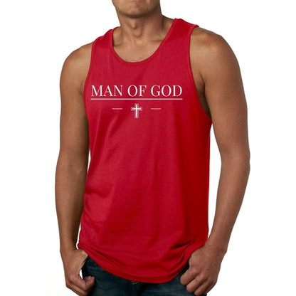 Red tank top with 'Man of God' text and cross on a white background