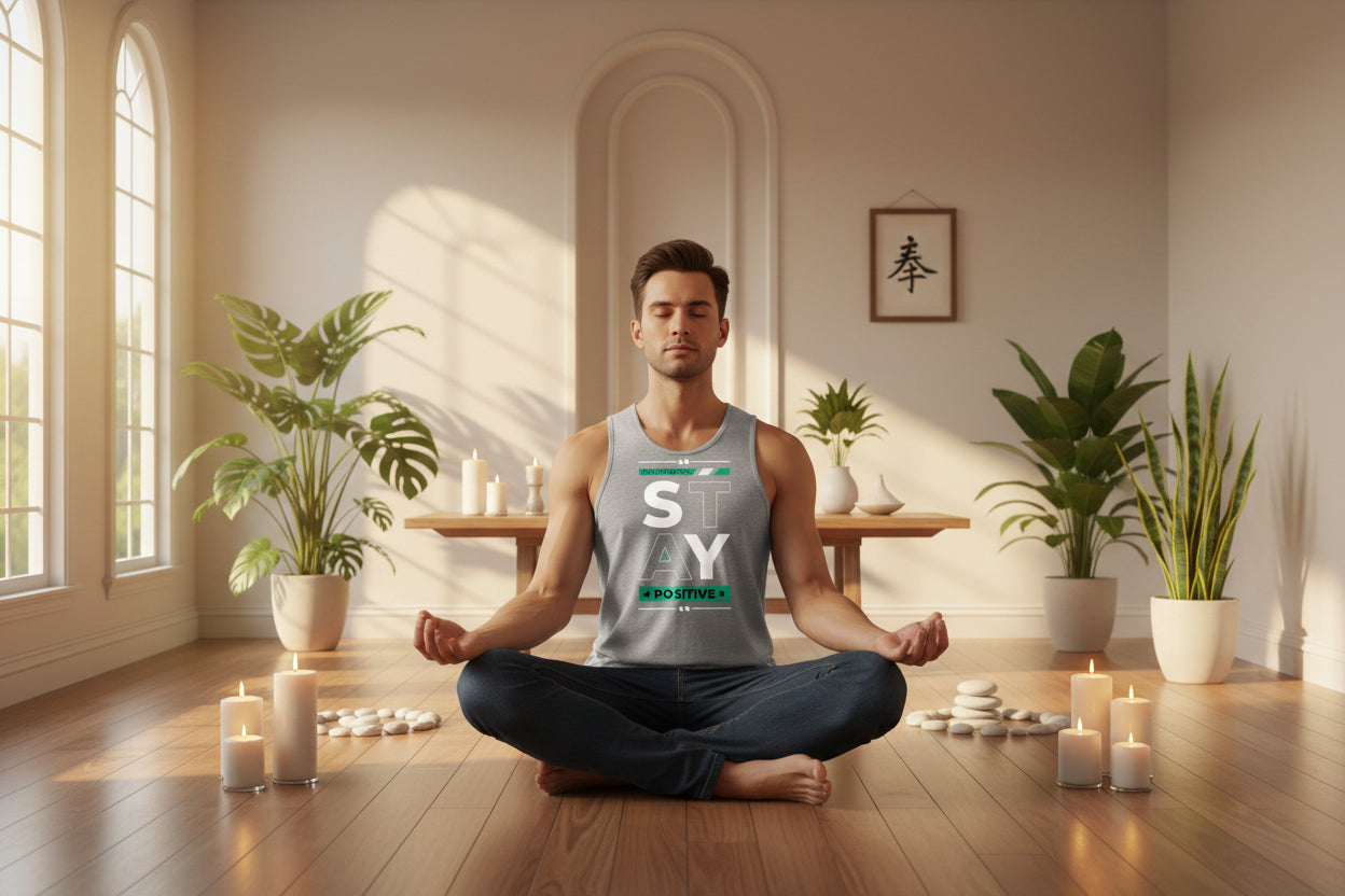 Gray tank top with 'Stay Positive' text on a white background