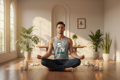Gray tank top with 'Stay Positive' text on a white background