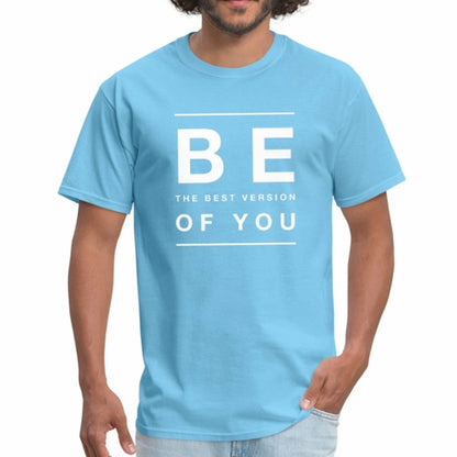 Person wearing a light blue t-shirt with motivational text on a white background