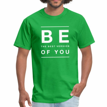 Person wearing a green t-shirt with motivational text on a white background