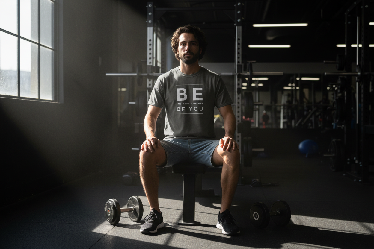 Person wearing a gray t-shirt with motivational text on a white background