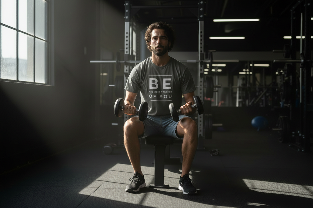 Person wearing a gray t-shirt with motivational text in a gym setting, curling dumbells.
