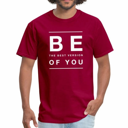 Red t-shirt with 'BE THE BEST VERSION OF YOU' text worn by a person on a white background