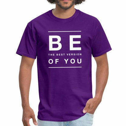 Person wearing a purple t-shirt with motivational text on a white background