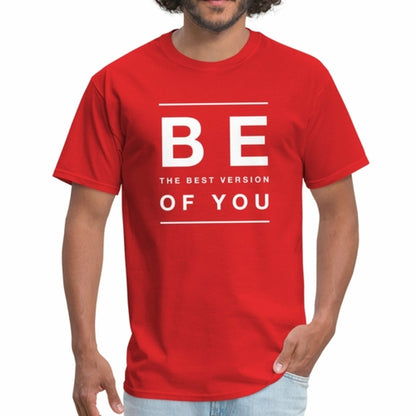 Person wearing a red t-shirt with motivational text on a white background