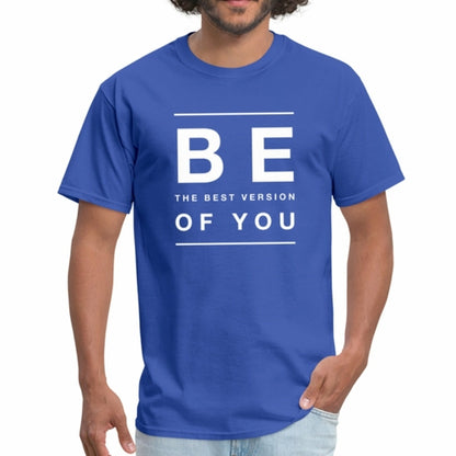 Man wearing a blue t-shirt with motivational text on a white background