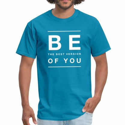 Person wearing a blue t-shirt with motivational text on a white background