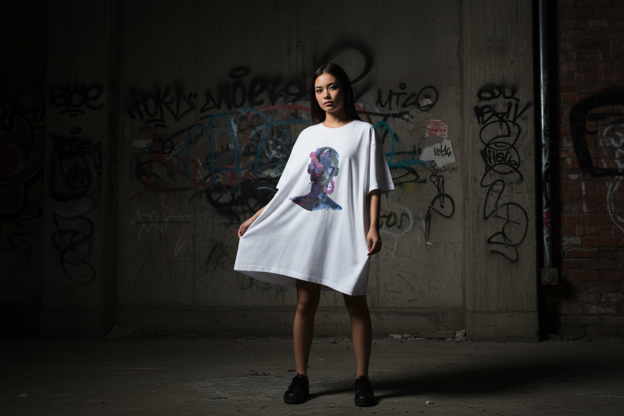 White t-shirt with a colorful graphic of a bust and flowers on a gray brick wall background