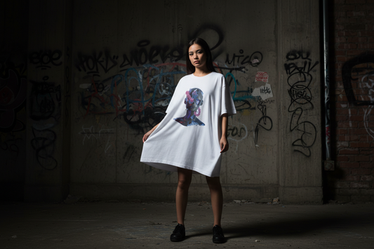 White t-shirt with a colorful graphic of a bust and flowers on a gray brick wall background