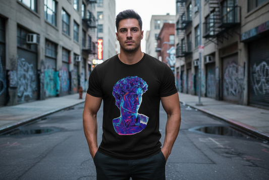 Black t-shirt with colorful bust design on a hanger against a white brick wall.