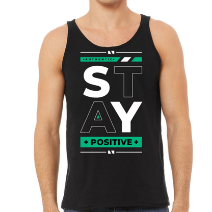 Black tank top with 'Stay Positive' text on a white background