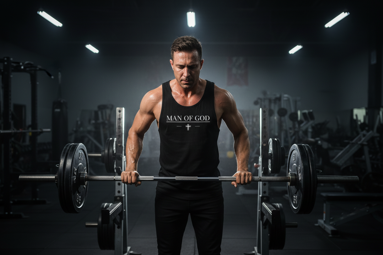 Person wearing a black tank top with 'Man of God' text and cross symbol. Working out at the gym.