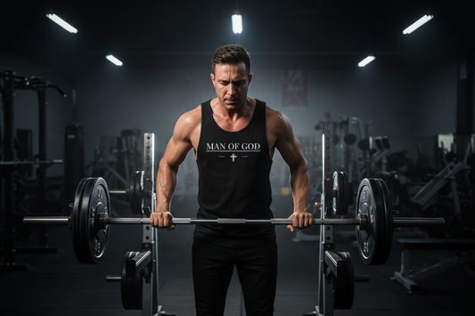 Person wearing a black tank top with 'Man of God' text and cross symbol. Working out at the gym.