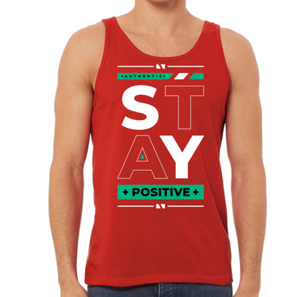 Red tank top with 'Stay Positive' text on a white background