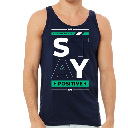 Navy tank top with 'Stay Positive' text on a white background