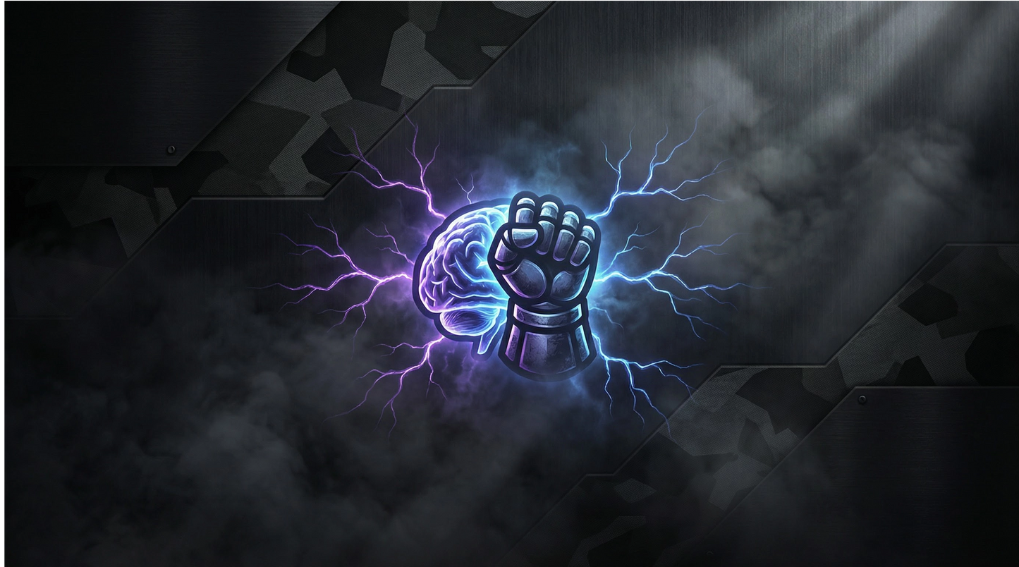 Fist with brain and lightning bolt design on a dark background