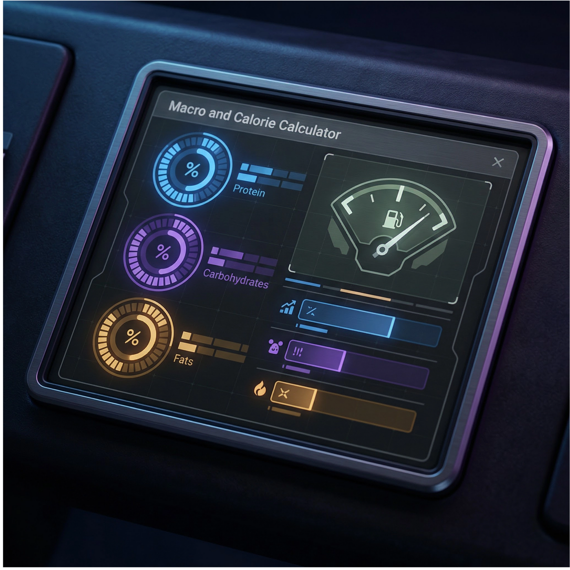 Digital display of a macro and calorie calculator on a dark background