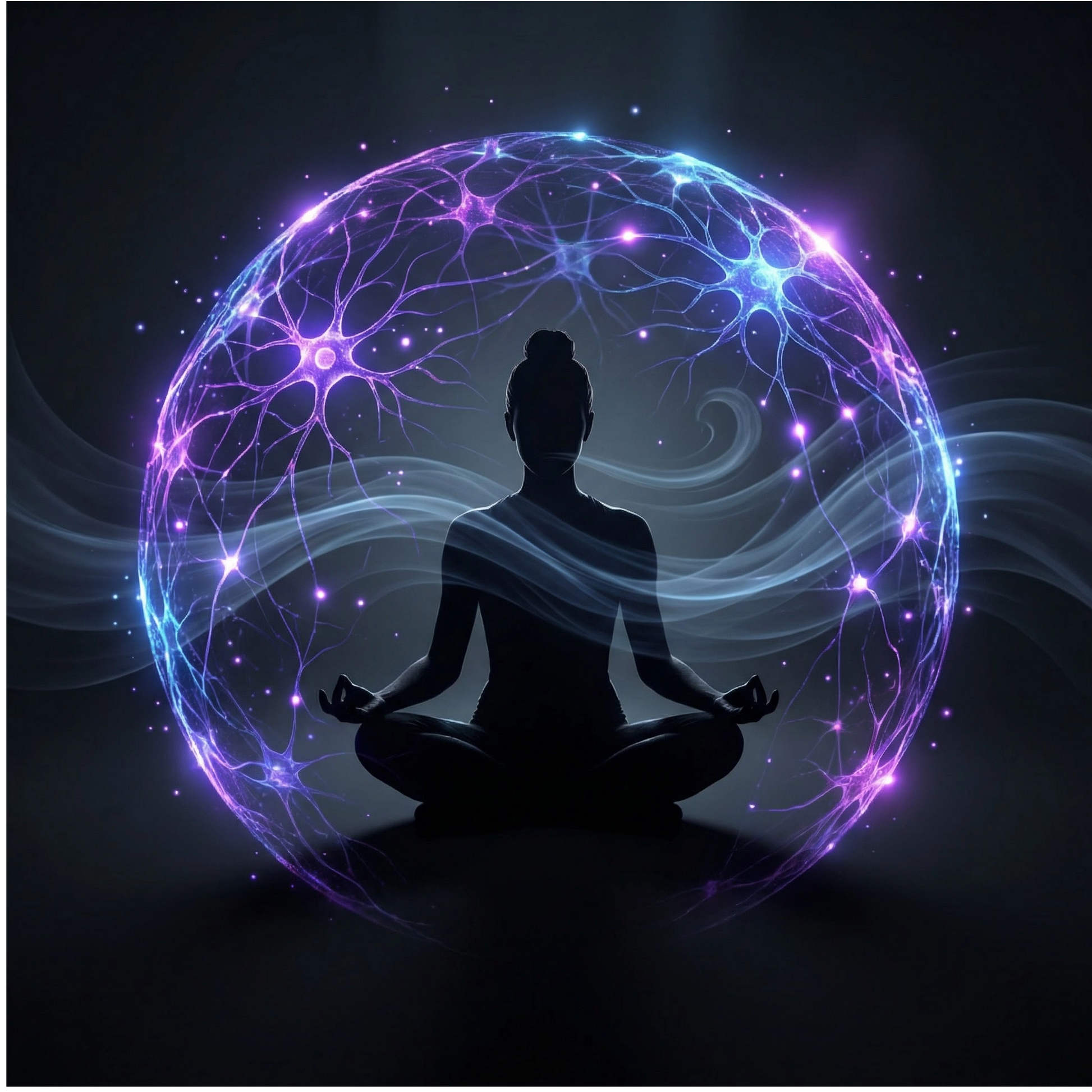 Silhouette of a meditating person inside a glowing, energy-filled sphere on a dark background.