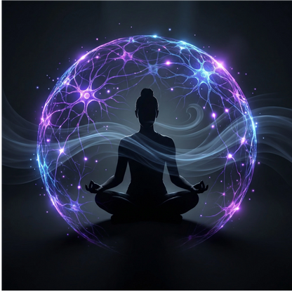 Silhouette of a meditating person inside a glowing, energy-filled sphere on a dark background.