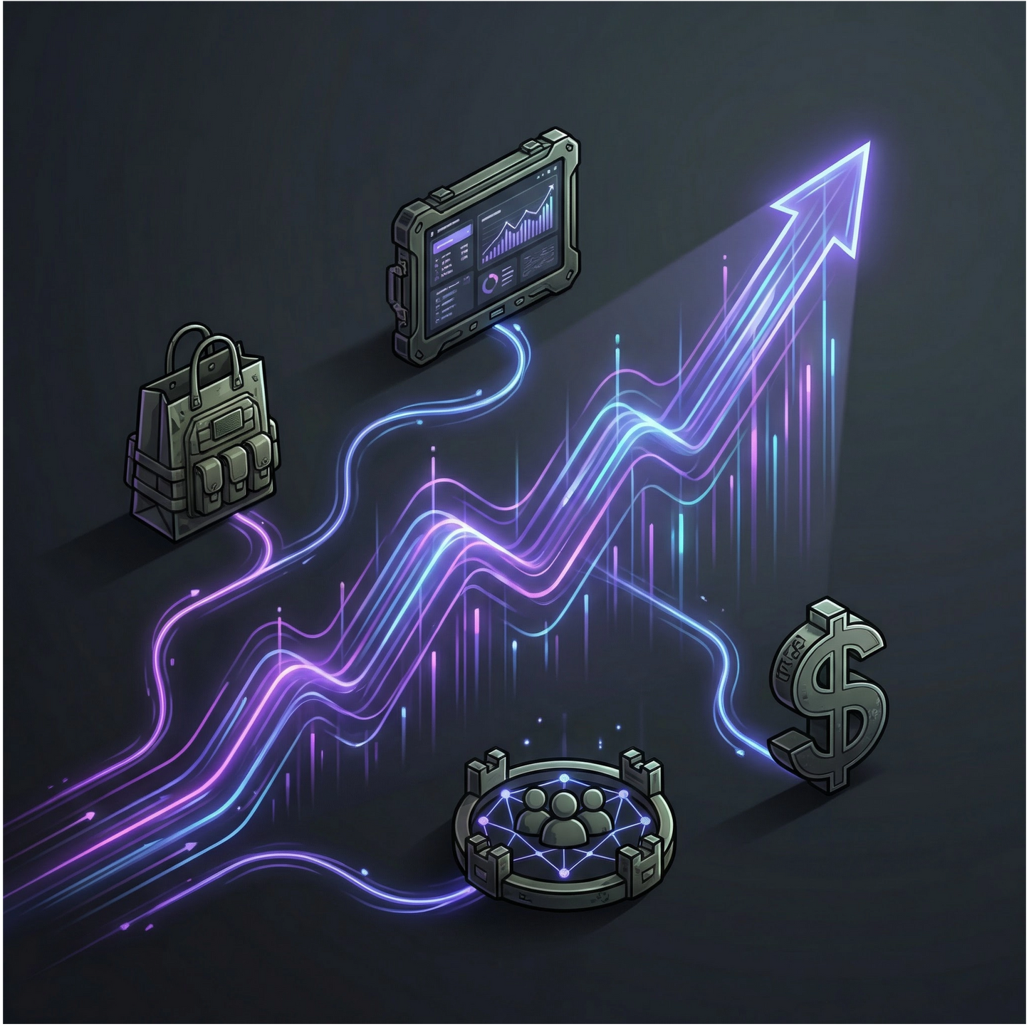 Illustration of a futuristic interface with a growth chart, dollar sign, and other elements on a dark background.