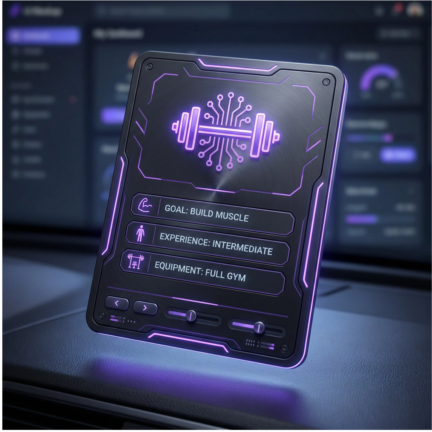 Futuristic fitness app interface on a digital display with glowing purple elements.