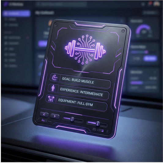 Futuristic fitness app interface on a digital display with glowing purple elements.