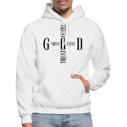 White hoodie with black text worn by a person on a white background