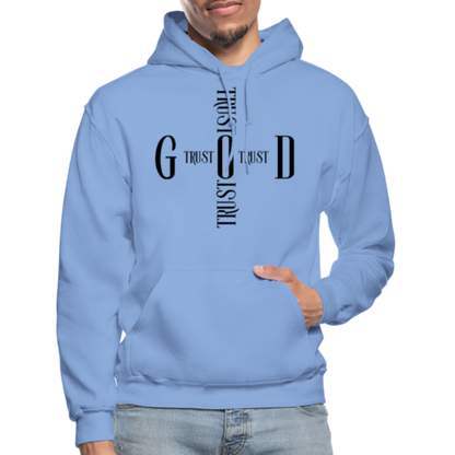 Light blue hoodie with black text design worn by a person on a white background