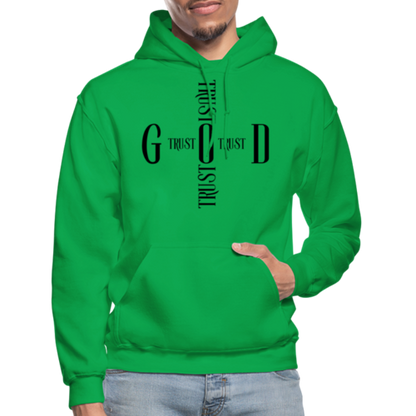 Green hoodie with black text worn by a person on a white background