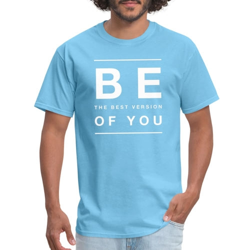 Person wearing a light blue t-shirt with motivational text on a white background