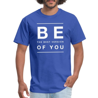 Person wearing a blue t-shirt with motivational text on a white background