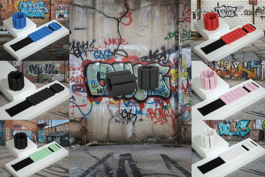 Collage of colorful street art and stands on a white background, promoting "Ankle & Wrist Weights"